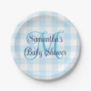 Blauw en wit geruit monogram baby shower papieren bordje