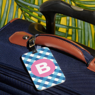Blauw en wit geruit roze monogram bagagelabel