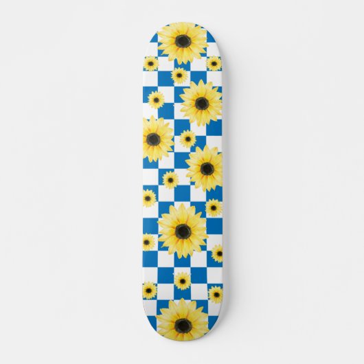 blauw en wit Geruit & Zonnebloem Skateboard (Voorkant)