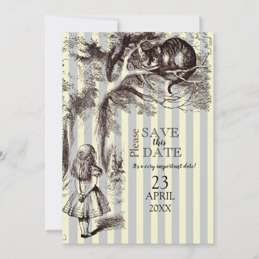 blauw en wit gestreept Alice in Wonderland Save The Date (Voorkant)
