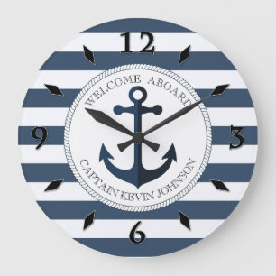 Blauw en wit gestreept met anker gepersonaliseerd grote klok