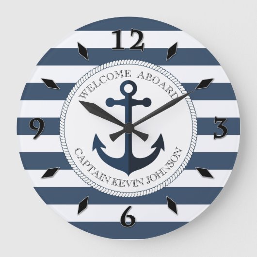 Blauw en wit gestreept met anker gepersonaliseerd grote klok (Voorkant)