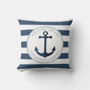 Blauw en wit gestreept met anker gepersonaliseerd kussen
