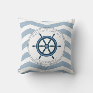 Blauw en wit gestreept met anker gepersonaliseerd kussen