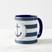 Blauw en wit gestreept met anker gepersonaliseerd mok (Voorkant rechts)