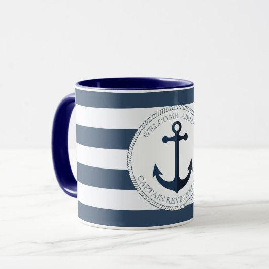 Blauw en wit gestreept met anker gepersonaliseerd mok (Voorkant links)