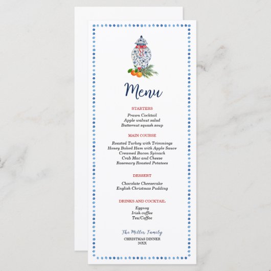 Blauw en wit Ginger Jar kerstdiner Menu (Voorkant / Achterkant)