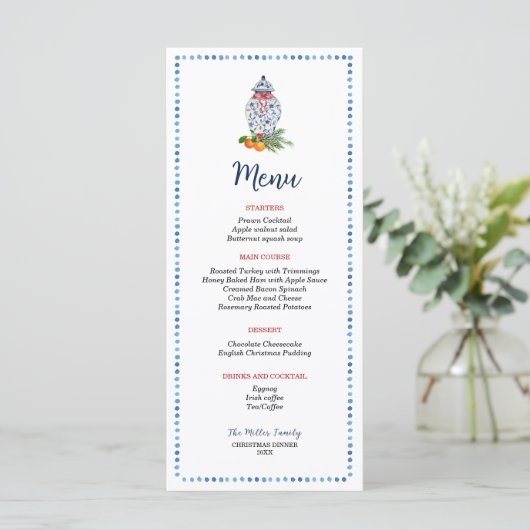 Blauw en wit Ginger Jar kerstdiner Menu (Staand voorkant)