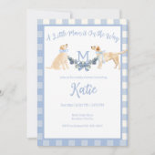 Blauw en Wit Gingham Baby shower Invitation Kaart (Voorkant)