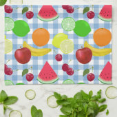 Blauw en wit Gingham Check Fruits Theedoek (Gevouwen)