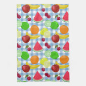 Blauw en wit Gingham Check Fruits Theedoek (Verticaal)