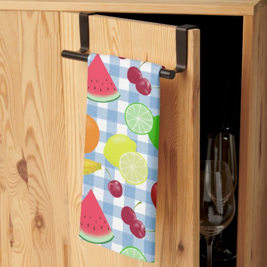 Blauw en wit Gingham Check Fruits Theedoek (Derde Gevouwen)