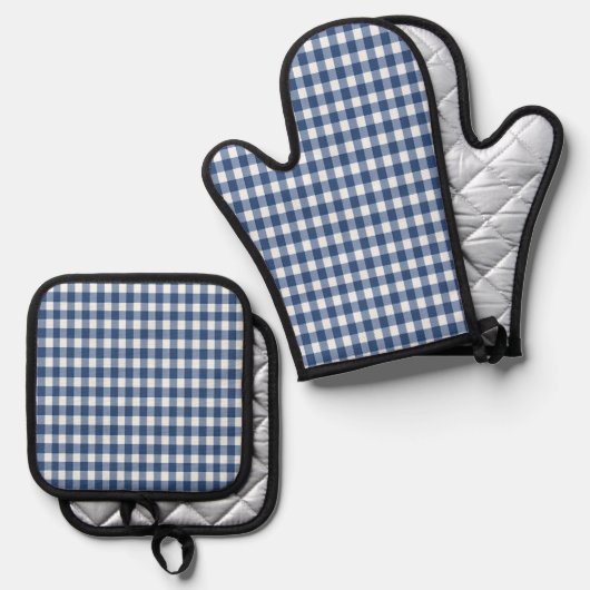 Blauw en Wit Gingham Gecontroleerd Ovenwant & Pannenlap Set (Voorkant / Achterkant)
