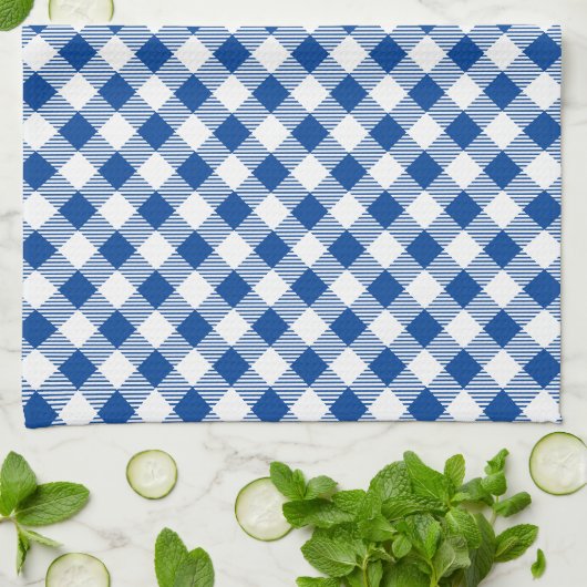 Blauw en wit gingham - Kies achtergrondkleur Theedoek (Gevouwen)