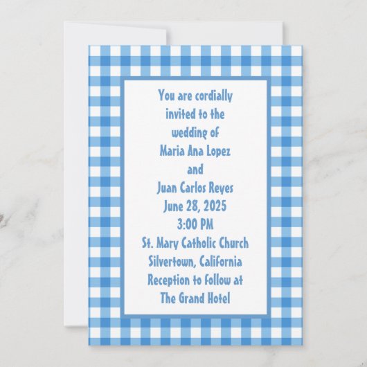 Blauw en Wit Gingham Lijst bruiloft Kaart (Voorkant)