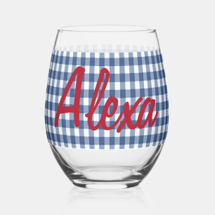 Blauw en Wit Gingham Met Naam Wijnglas Zonder Voet