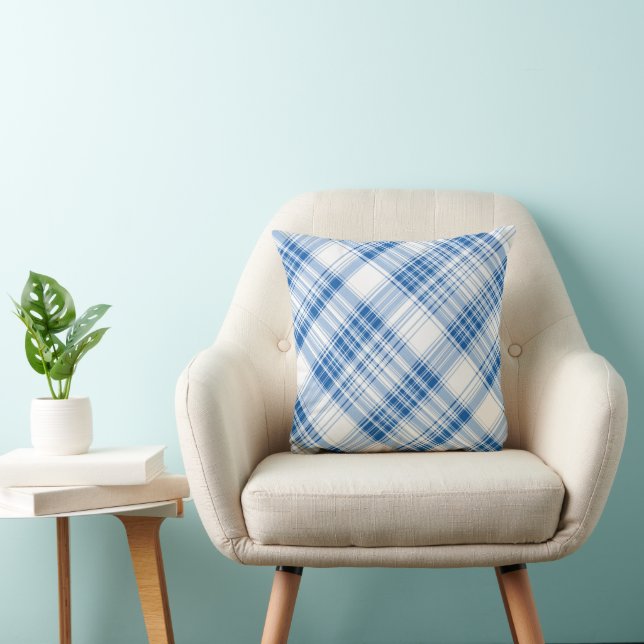 Blauw en Wit Gingham Plaid Gestreept Patroon Kussen (Stoel)