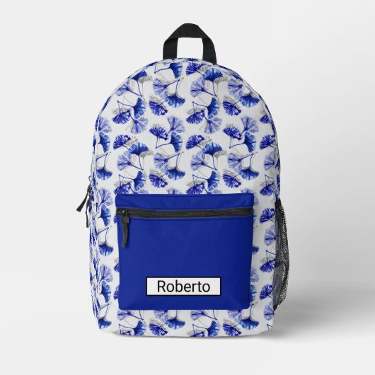 Blauw en wit gingko blad bedrukte rugzak (Voorkant)