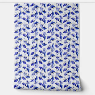 Blauw en wit gingko blad behang