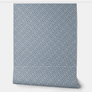 Blauw en wit Grieks sleutelpatroon Behang