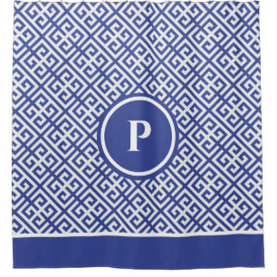 Blauw en Wit Griekse Sleutel Monogram Douchegordijn