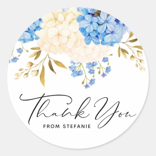 Blauw en wit Hydrangea Bloemen Verjaardag Dank u Ronde Sticker (Voorkant)