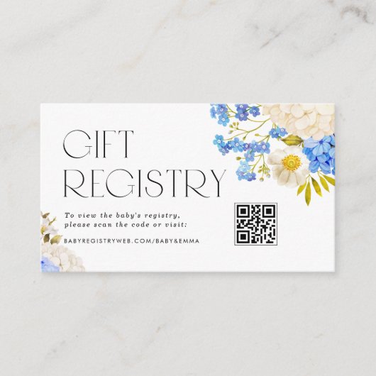 Blauw en Wit Hydrangeas QR Code Registry Informatiekaartje (Voorkant)