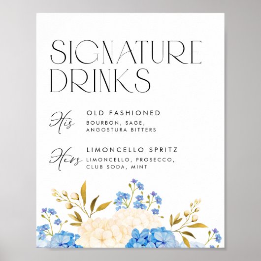 Blauw en Wit Hydrangeas Trouwhandtekening Drinken Poster (Voorkant)