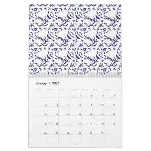Blauw en wit inpakpapier met een afbeelding kalender
