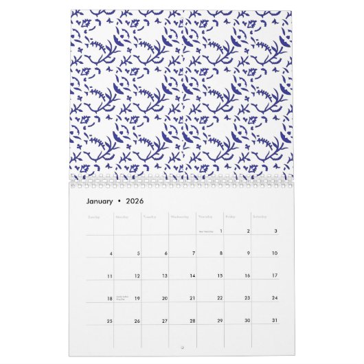Blauw en wit inpakpapier met een afbeelding kalender (Jan 2026)