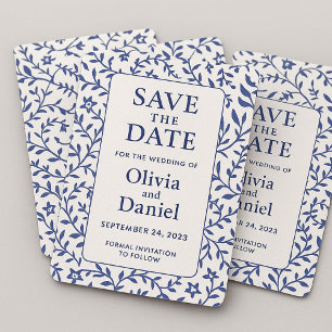 Blauw en wit inpakpapier met een afbeelding save the date