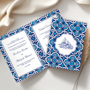 Blauw en Wit Islamitisch Arabesk Moslim Huwelijk