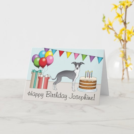 Blauw en wit Italiaans grijnwindje kleurrijke fees Kaart (Gele Bloem)