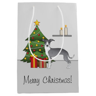 Blauw en wit Italiaans windhondje & kerstboom Medium Cadeauzakje