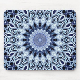 Blauw en Wit Kaleidoscoop Mandala Patroon Muismat