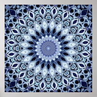 Blauw en Wit Kaleidoscoop Mandala Patroon