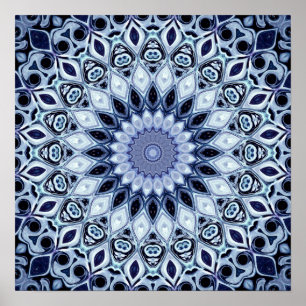Blauw en Wit Kaleidoscoop Mandala Patroon Poster