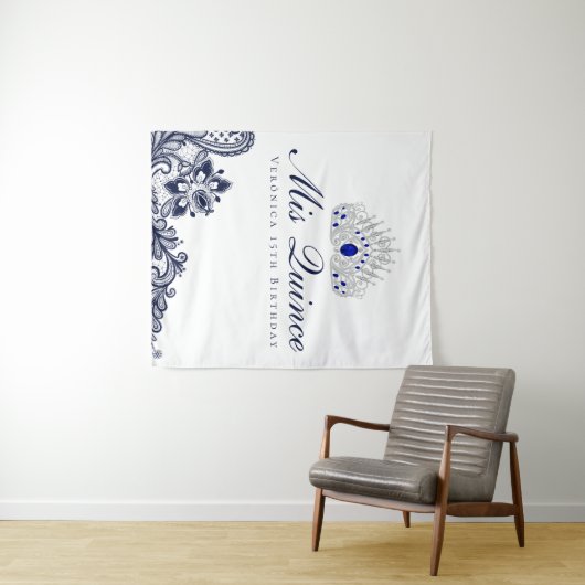 Blauw en wit kant Quinceanera achtergrond Wandkleed (In Situ (horizontaal))