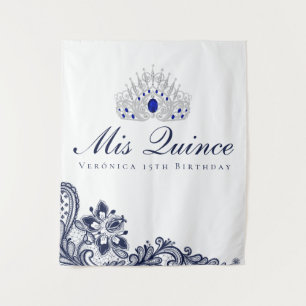 Blauw en wit kant Quinceanera achtergrond Wandkleed