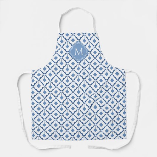 Blauw en wit keramisch patroon met monogram schort (Voorkant)