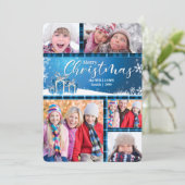 Blauw en wit kerstfeest 5-foto feestdagenkaart (Staand voorkant)