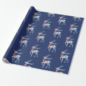 Blauw en wit kerstpapier met rudolf cadeaupapier (Uitgerold)