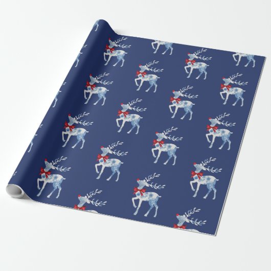 Blauw en wit kerstpapier met rudolf cadeaupapier (Uitgerold)
