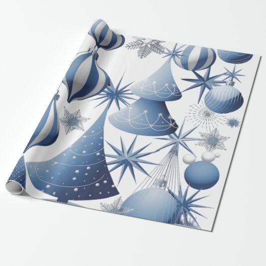 Blauw en wit kerstpatroon cadeaupapier (Uitgerold)
