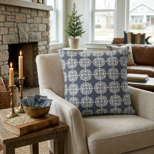 Blauw en wit klassiek damastprint kussen