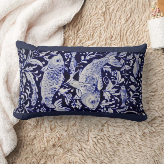 Blauw en Wit Koi Vijver Keramische Tegel Design Ku Kussen (Deken)