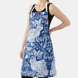 Blauw en wit Konijnenvogels Bloemen Tegel Patroon Schort