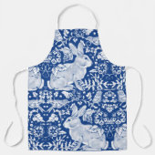 Blauw en wit Konijnenvogels Bloemen Tegel Patroon Schort (Voorkant)