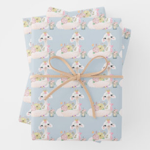 Blauw en wit Lama Baby Boy baby shower  Inpakpapier Vel