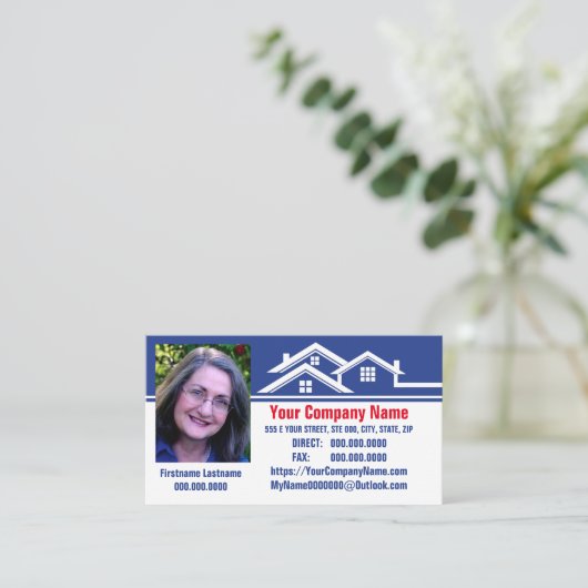 Blauw en wit Logo van onroerend goed Visitekaartje (Staand voorkant)